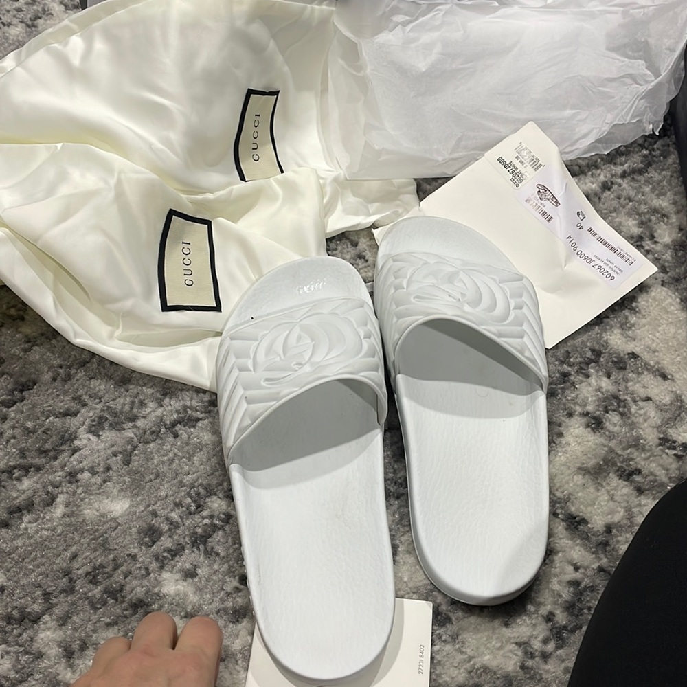 White all white Gucci sandal slides
